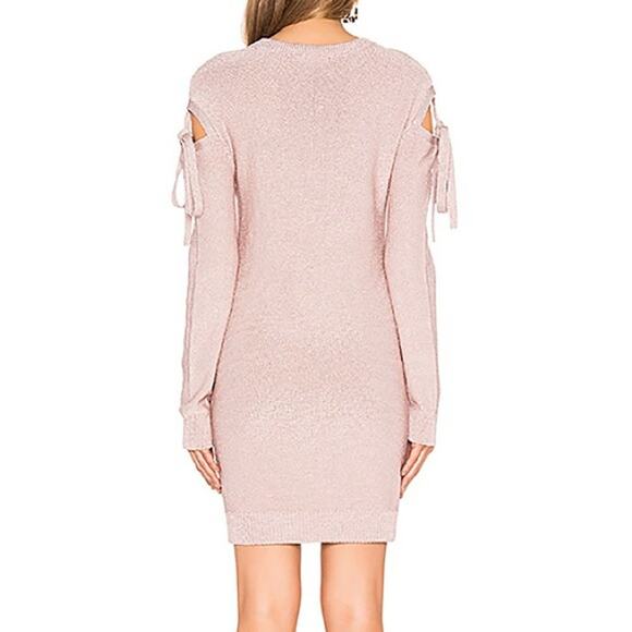 Lovers + Friends Pink Dress Sweater Ezra Tie Metallic Cold Shoulder Mini New XS - Picture 9 of 10